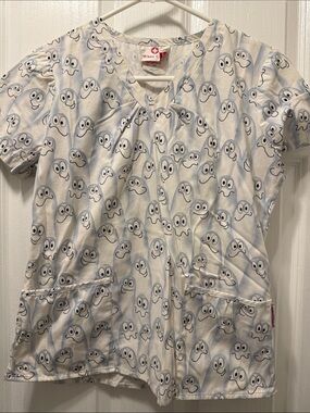White Cross Light Blue & White Ghost-Print V-Neck Scrub Top